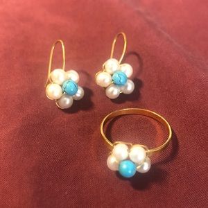 14k Gold Ring & Earring Set w/ Pearl & Turquoise